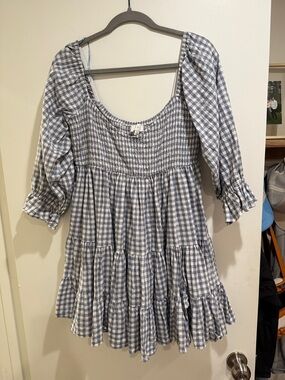 Women's Blue Gingham Smocked Tiered Dress